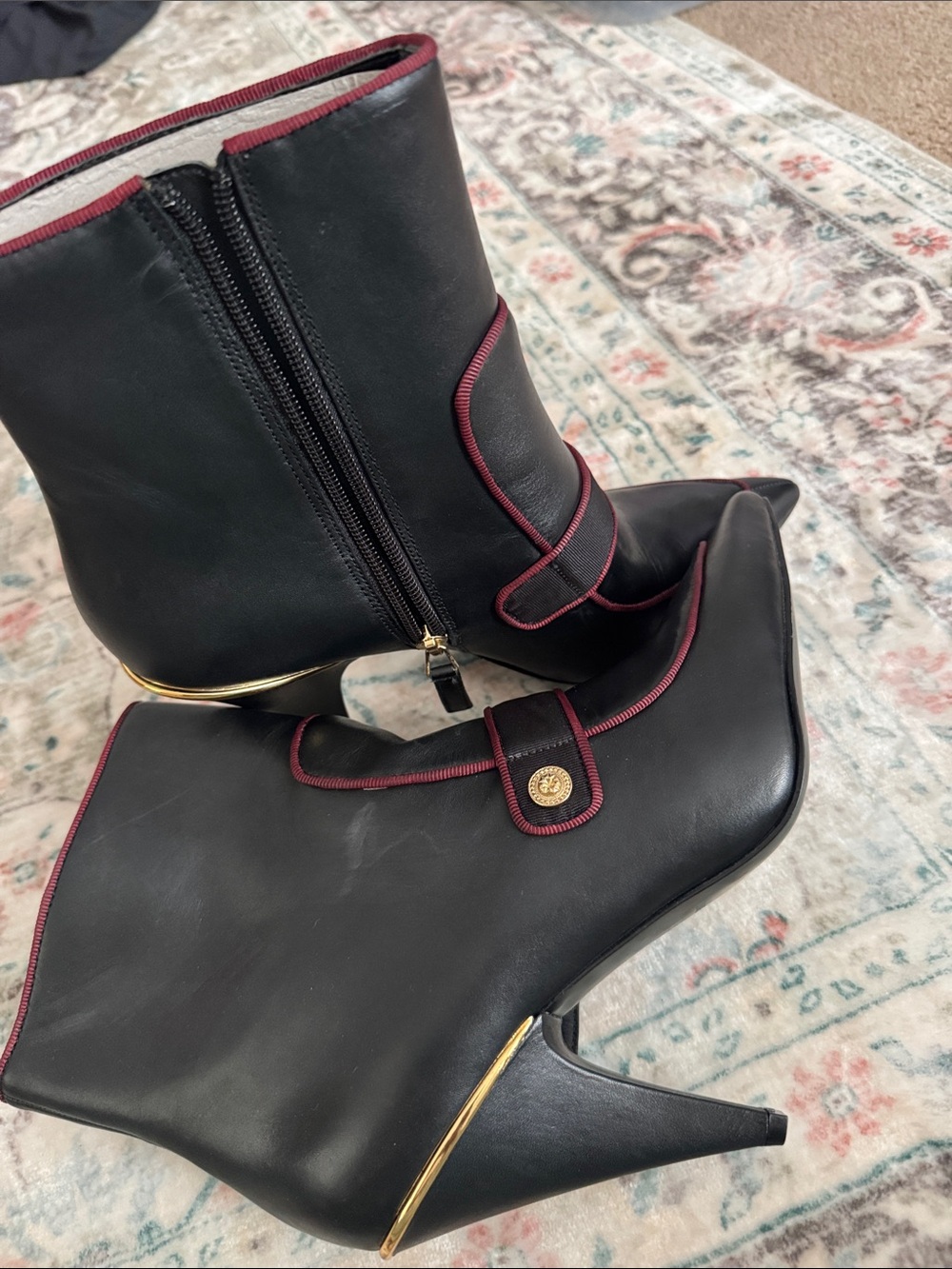 Nine West Black Pointed Ankle Boots with Gold and Burgundy Trim